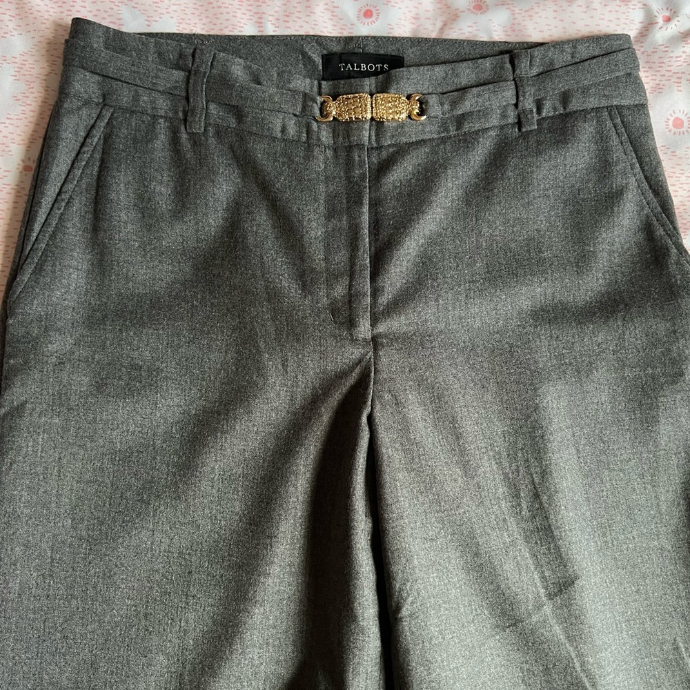 NWT Talbots Heritage Gray Wool Trousers with Gold Belt Accent Italian Flannel 8L